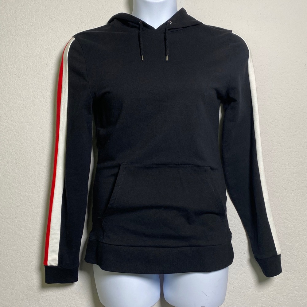 ASOS Womens Black Pullover Hoodie Red White Stripe Sleeves Athleisure Streetwear